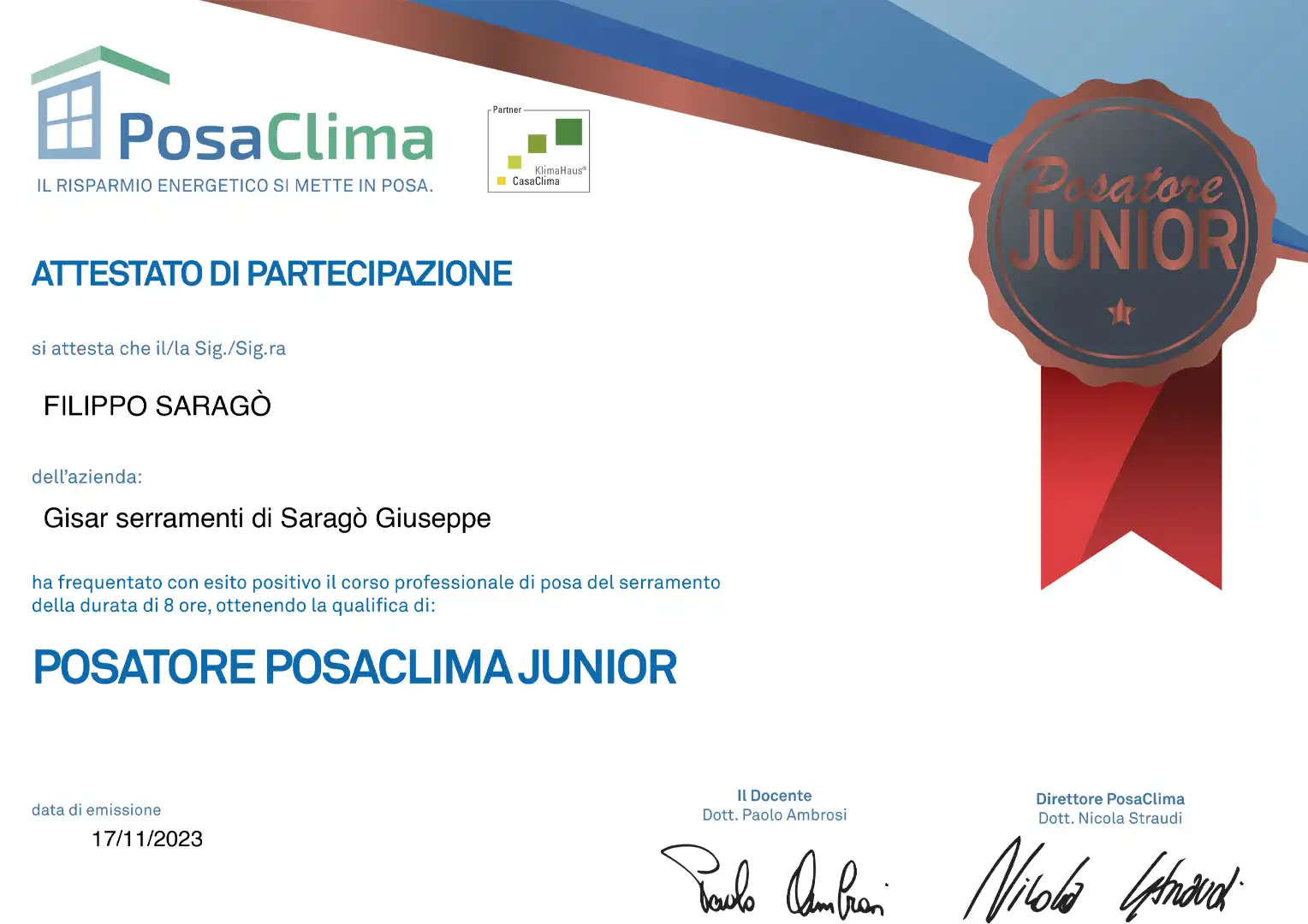Attestato di Posatore Posaclima Junior